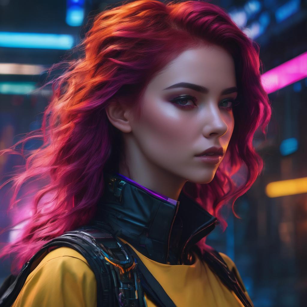 AIGeneration.blog with ’cyberpunk’ style:  female software engineer, red hair, cyberpunk, character, chiaroscuro, strong contrast between light and dark, intricate details, intricate textures, digital painting, rich and vibrant color palette, use light and shadow to create depth, sense of drama, high definition, high quality, photo-realistic, 8k