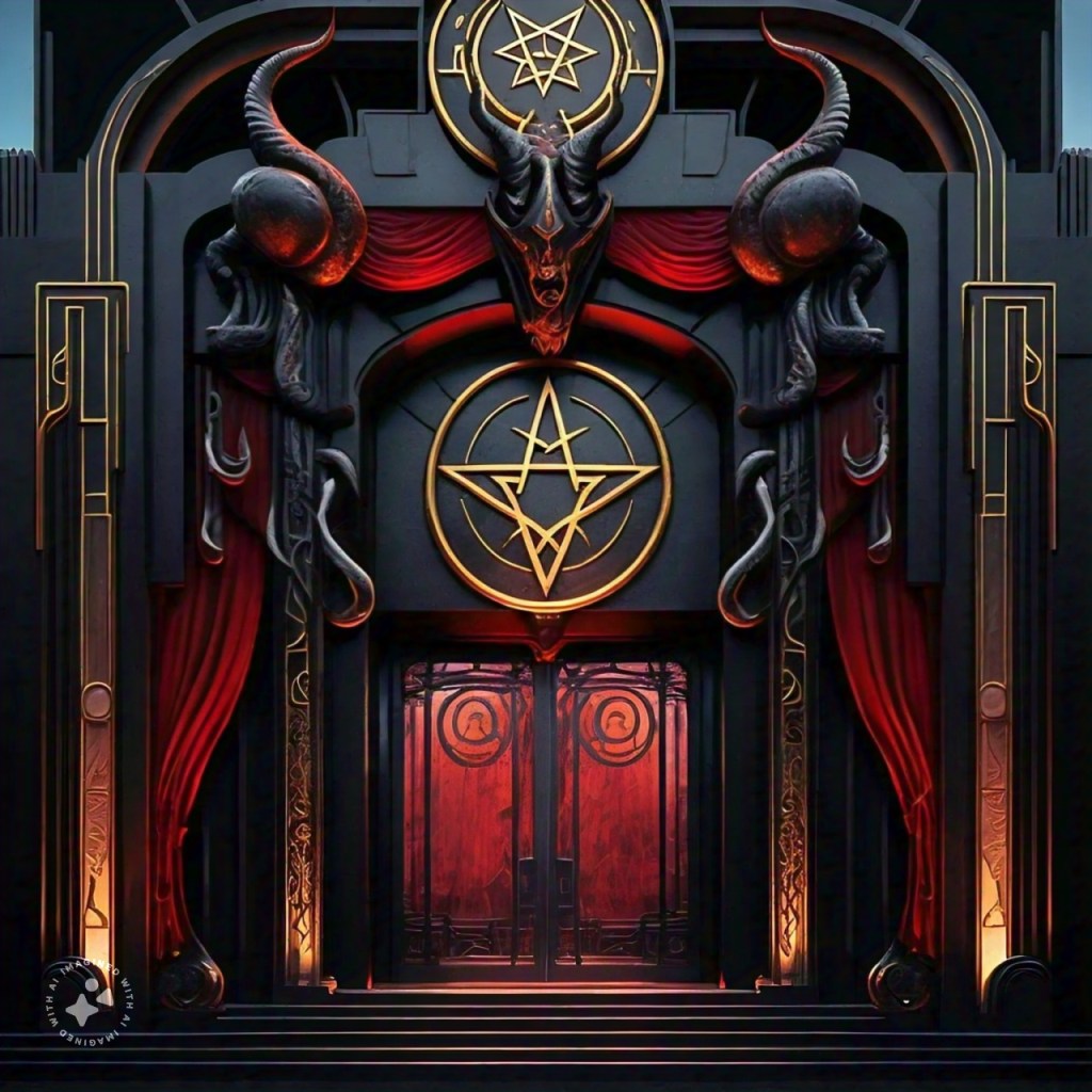 Meta AI Imagine 1400 art deco style lucid bulbous entry to a Black Mass Satanic Ritual Event