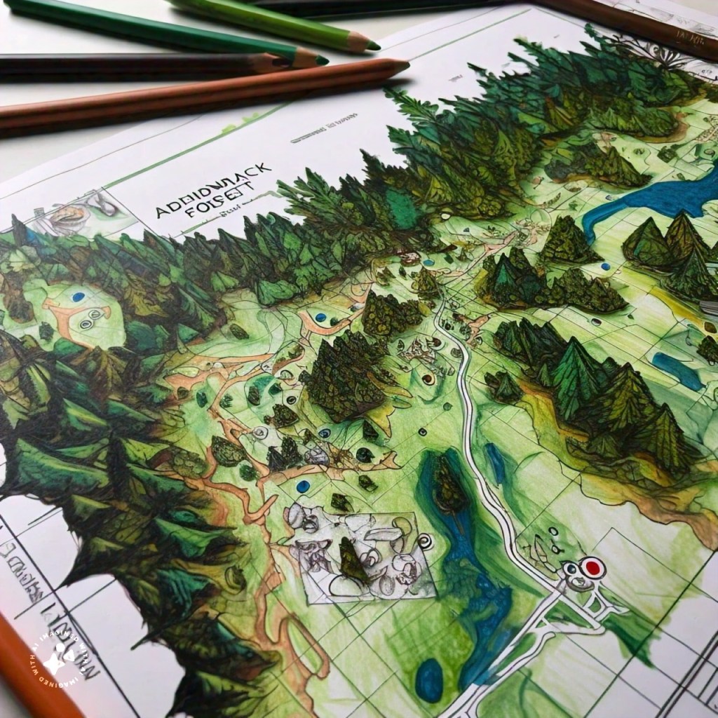 Meta AI Imagine blueprint of Adirondack Forest in colored pencil
