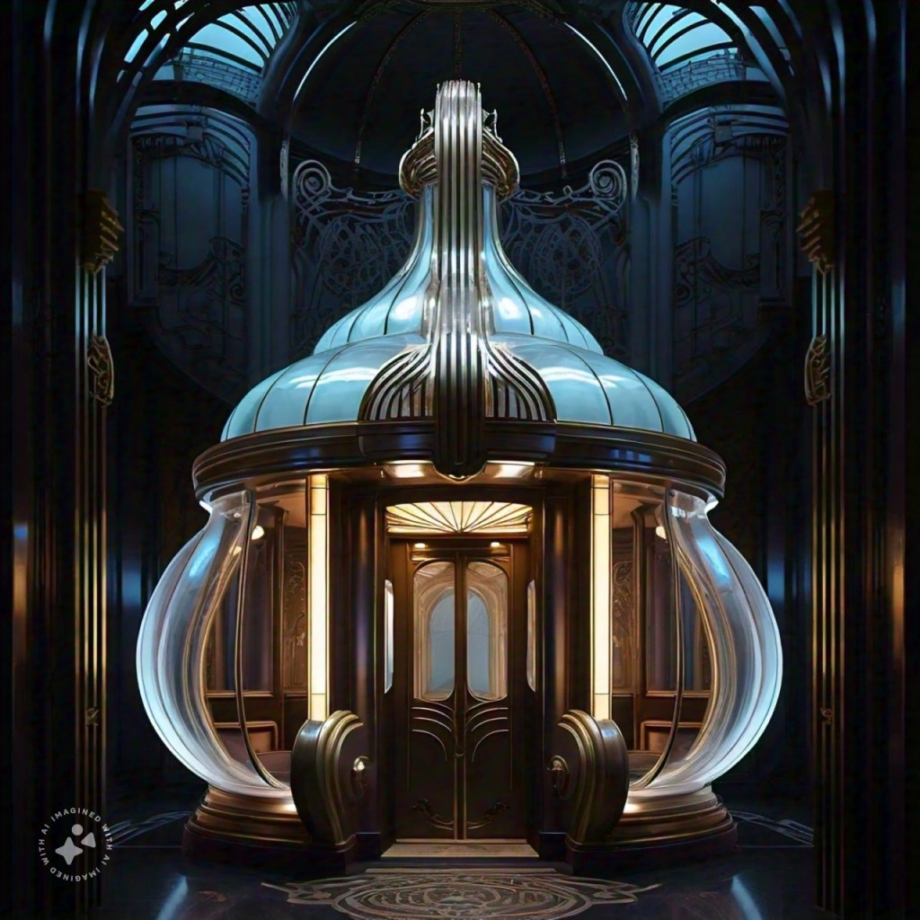 Meta AI Imagine an art deco style lucid bulbous elevator to a Black Mass Satanic Ritual