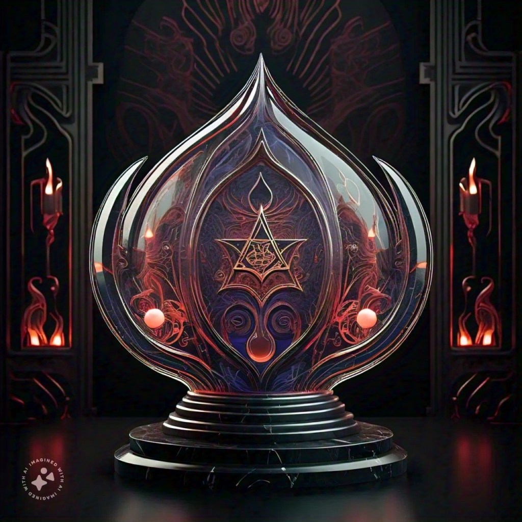 Meta AI Imagine an art deco style lucid bulbous wall of glass user interface for a Black Mass Satanic Ritual