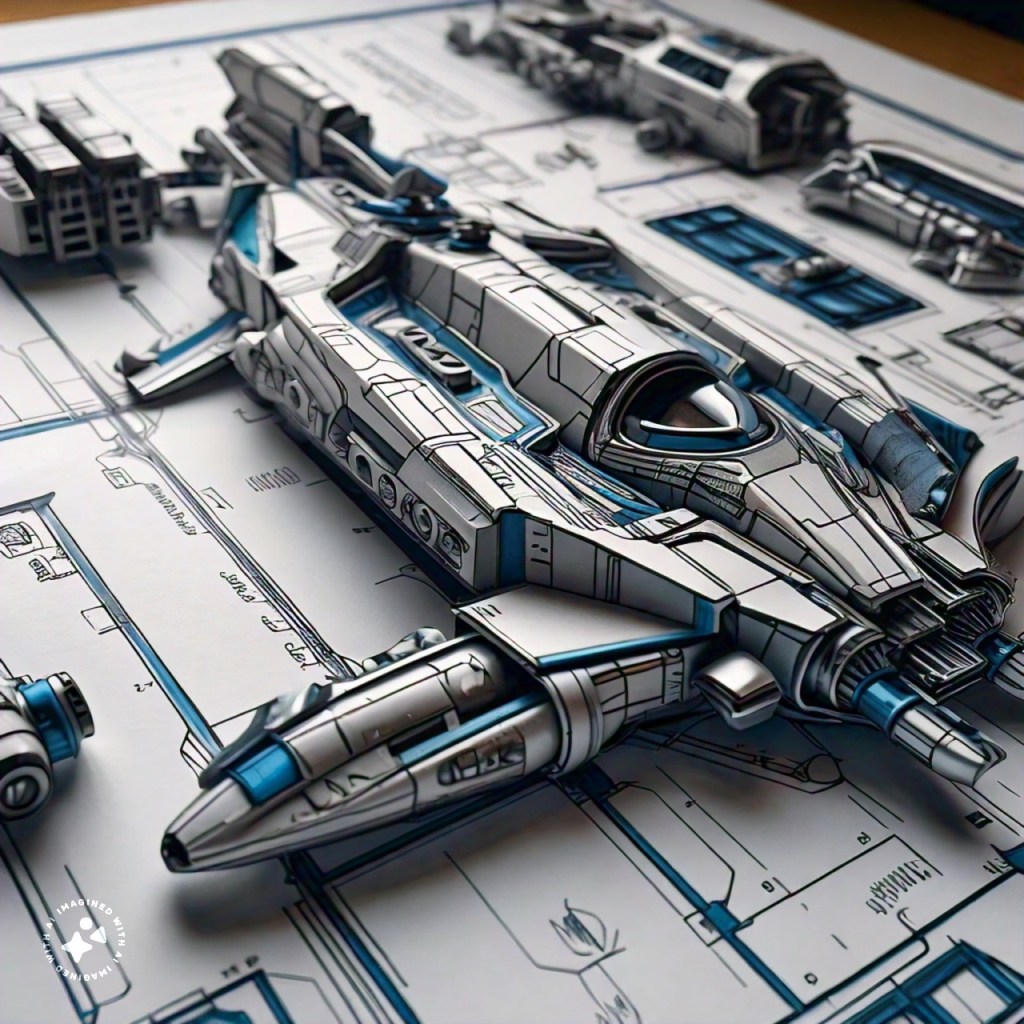 Meta AI Imagine blueprint details of battle spaceship, intricate details, flatlay