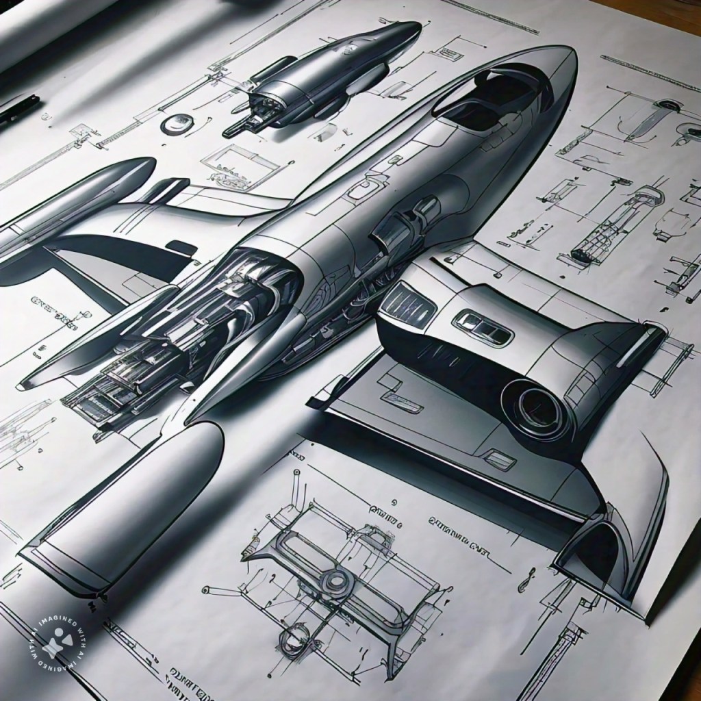 Meta AI Imagine blueprint of spaceship, flatlay