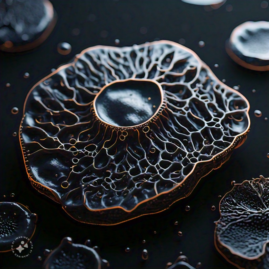 Meta AI : Imagine : translucent black archaea enzymes style intricate hydrogenases, uplight