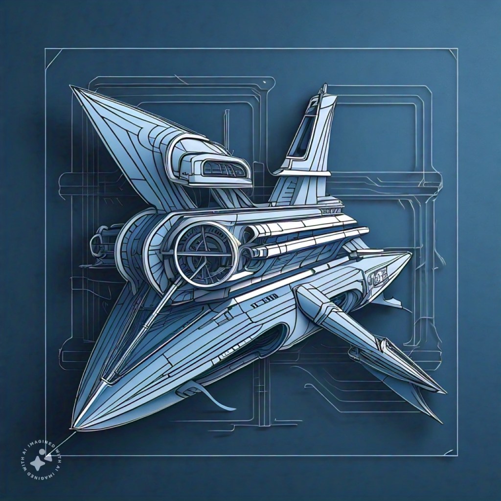 Meta AI Imagine line art, blue print, ship, flat lay
