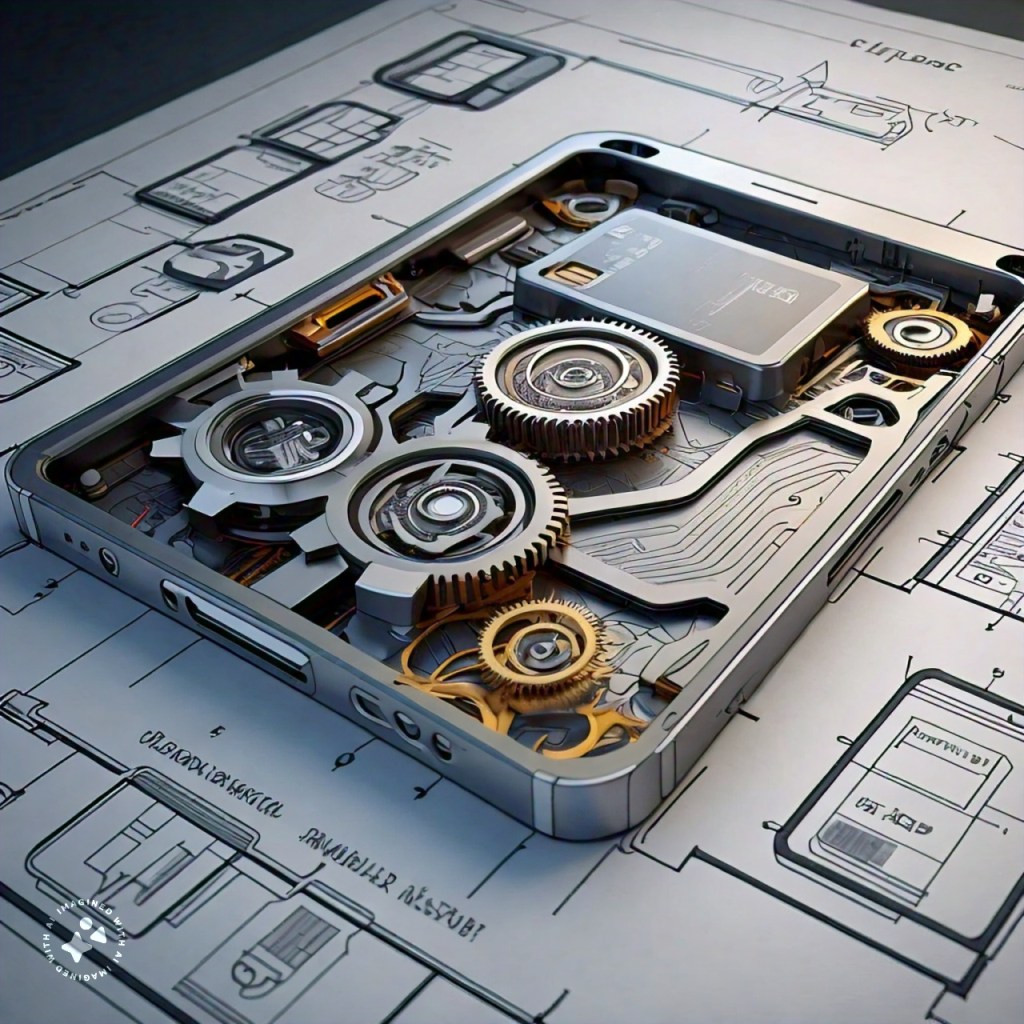 Meta AI Imagine draw technical blueprint of the mechanical mobile tablet