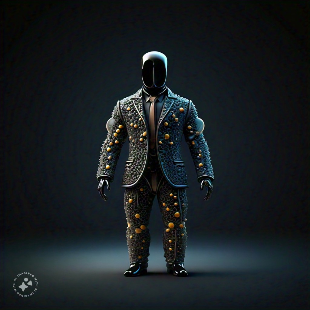 Meta AI : Imagine : translucent black archaea enzymes style, three piece suit with intricate hydrogenases, downlight