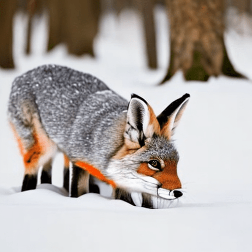 future diffusion, Text Prompt: portrait of a super cute hybrid fox rabbit in a snowy pine forest. Sampling Method: DPM Adaptive