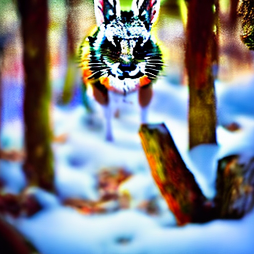 future diffusion, Text Prompt: portrait of a super cute hybrid fox rabbit in a snowy pine forest. Sampling Method: DPM Fast