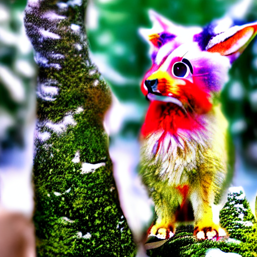 v1-5-pruned-emaonly, Text Prompt: portrait of a super cute hybrid fox rabbit in a snowy pine forest. Sampling Method: DPM Fast