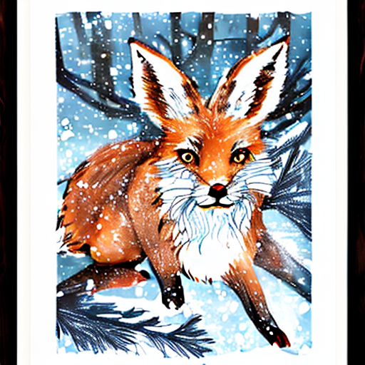 Stable Diffusion. Inkpunk-Diffusion-v2. Text Prompt: portrait of a super cute hybrid fox rabbit in a snowy pine forest. Sampling Method: DPM++ 2M SDE Sampling Steps: 20